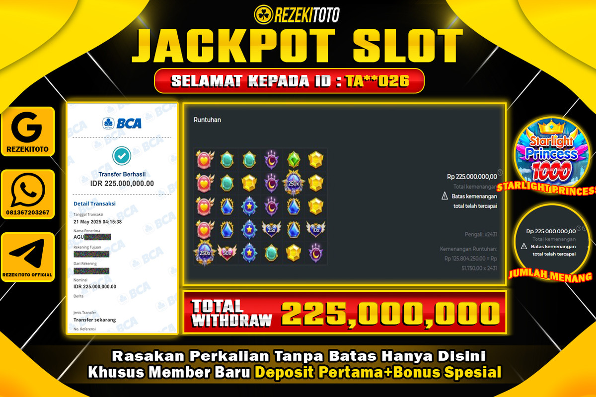 BUKTI KEMENANGAN 21 MAY 2025 STARLIGHT PRINCESS 1000 WD 225 JUTA 