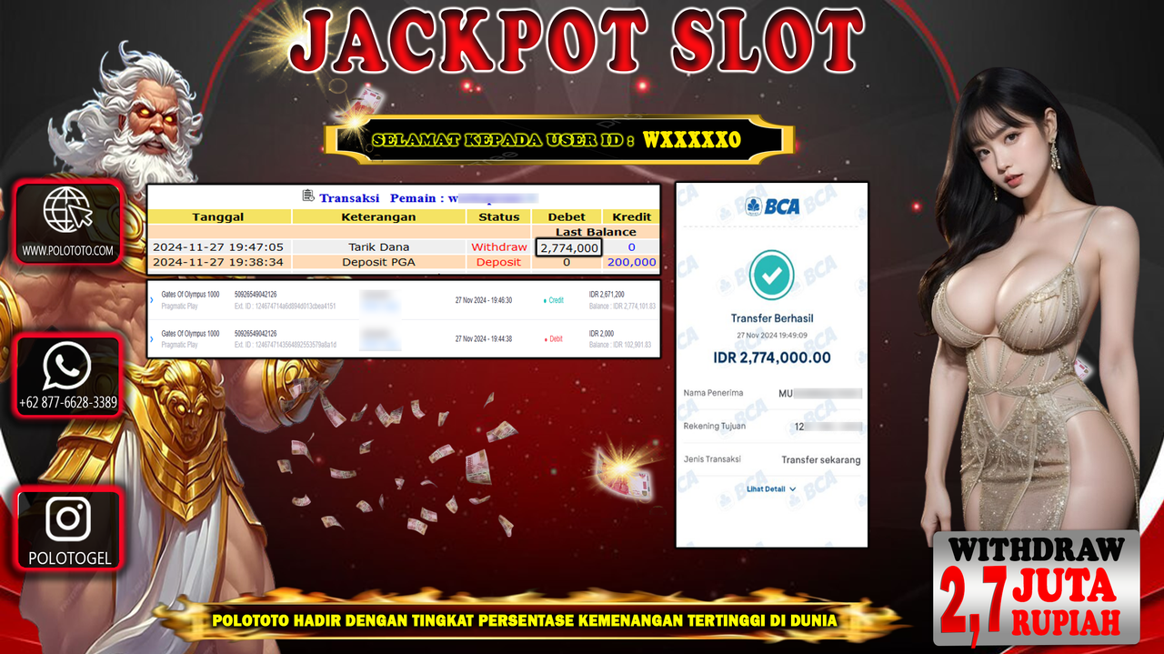 POLOTOTO JACKPOT SLOT GATES OF OLYMPUS 1000 Rp.2,774.000,-
