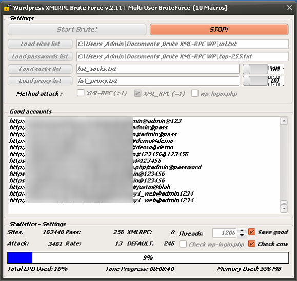 WordPress XML-RPC + WP-LOGIN Bruteforce [10 macros] v.2.11