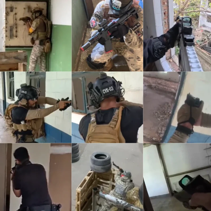 Jogadores de Airsoft aplicando técnicas de CQB em campo