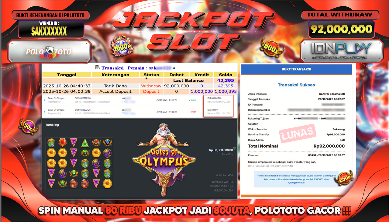 POLOTOTO JACKPOT SLOT GATES OF OLYMPUS Rp.92.000.000,- LUNAS