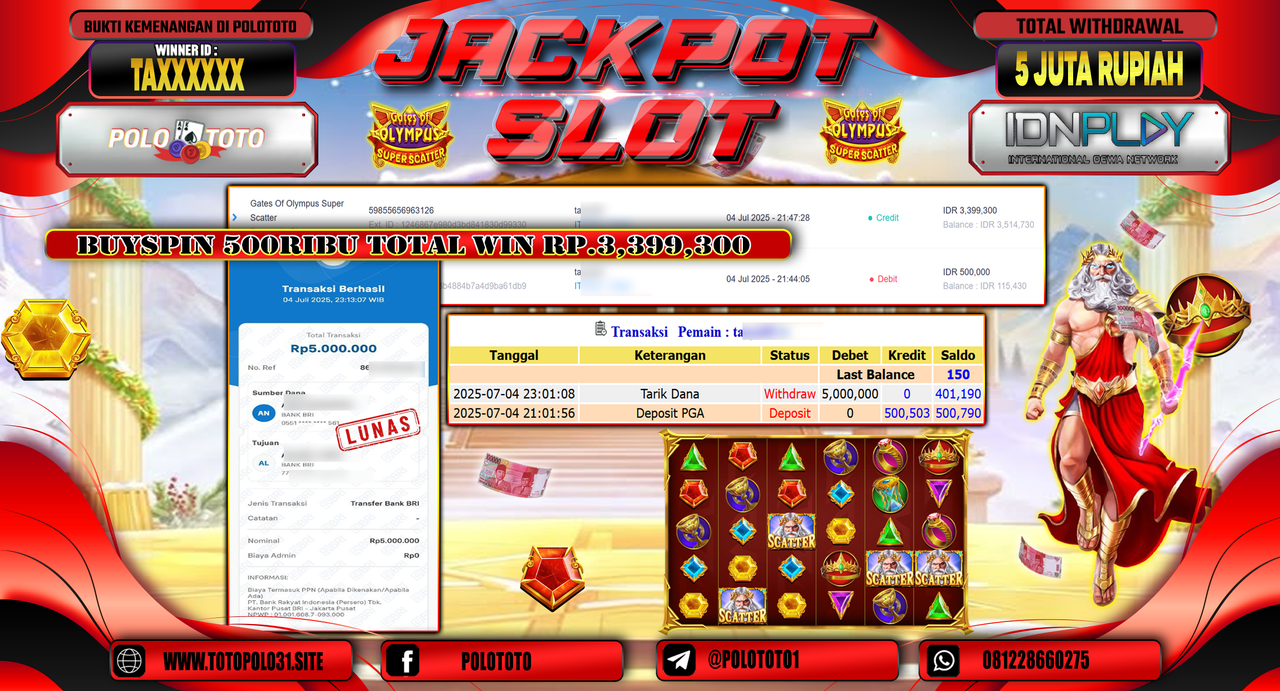 POLOTOTO JACKPOT SLOT GATES OF OLYMPUS SUPER SCATTER Rp.5.000.000,-
