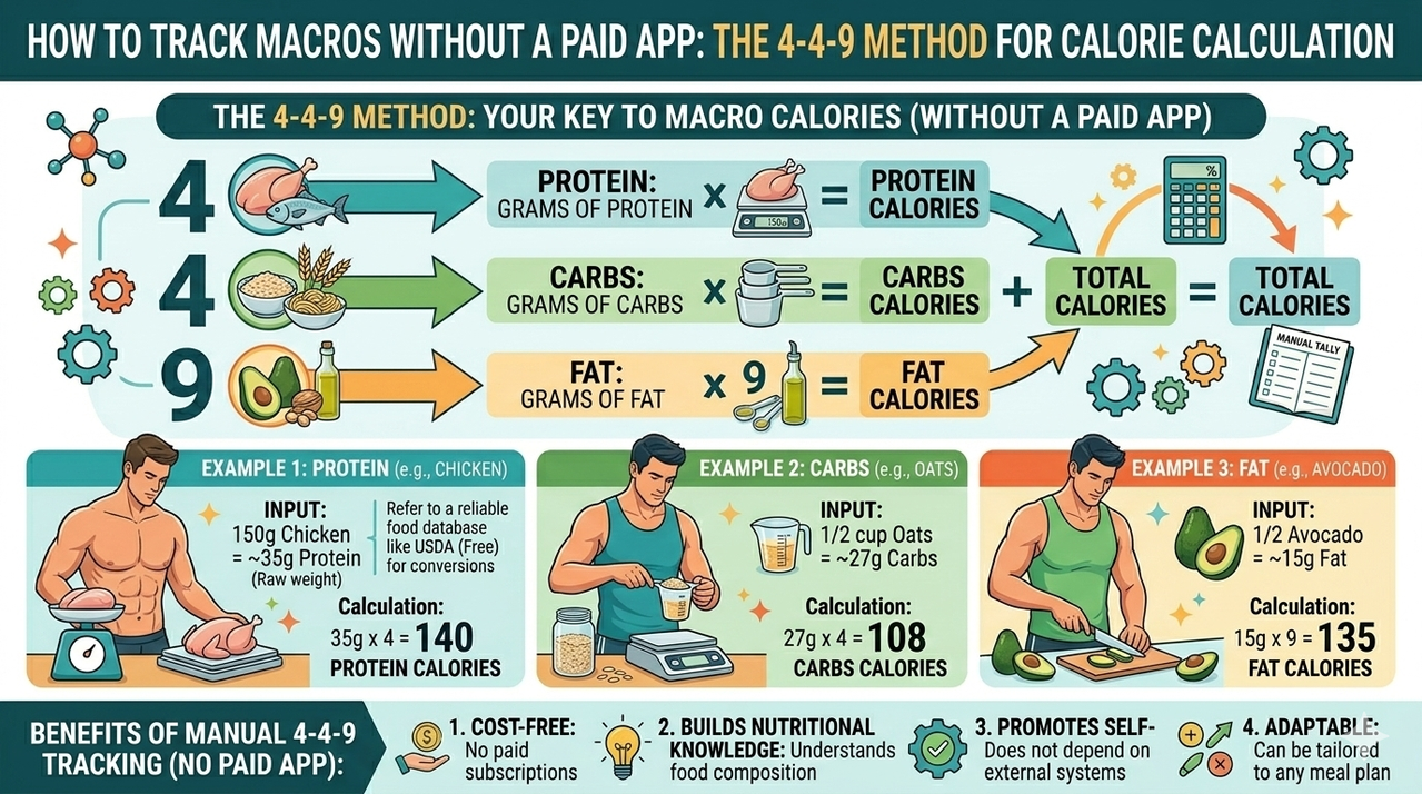 Infographic showing the 4-4-9 method for calculating macronutrient calories with examples for protein, carbs, and fat for how to track macros without using a paid app