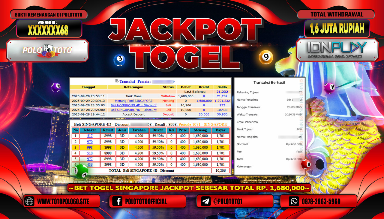 POLOTOTO JACKPOT TOGEL SINGAPORE POOL Rp.1.600.000,- LUNAS