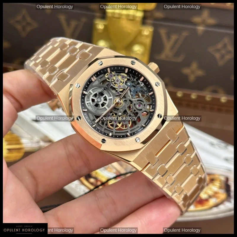 Audemars Piguet Royal Oak Jumbo Extra-Thin Openworked 16204 Rose Gold Skeleton Dial 39mm