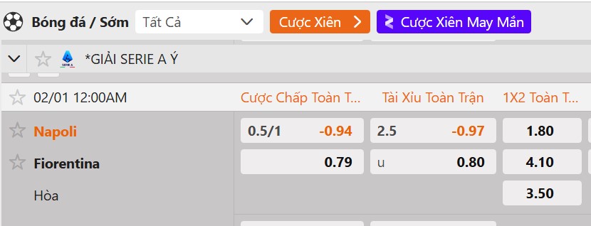 Tỷ lệ kèo Napoli vs Fiorentina
