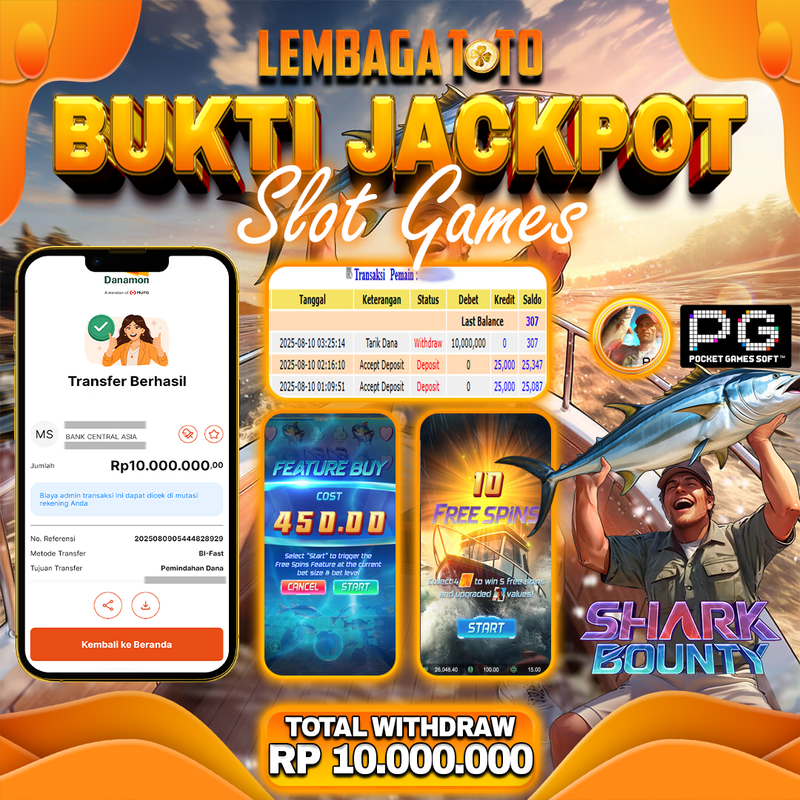 BUKTI JACKPOT 10 AGUSTUS LEMBAGATOTO SHARK BOUNTY  Rp.10.000.000,- LUNAS