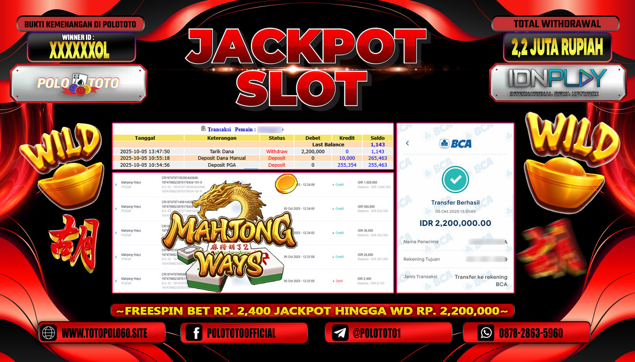POLOTOTO JACKPOT SLOT MAHJONG WAYS Rp.2.200.000,- LUNAS