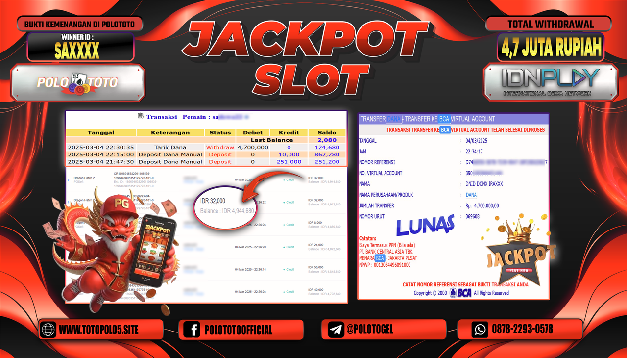 POLOTOTO JACKPOT SLOT DRAGON HATCH 2 Rp.4.700.000,-