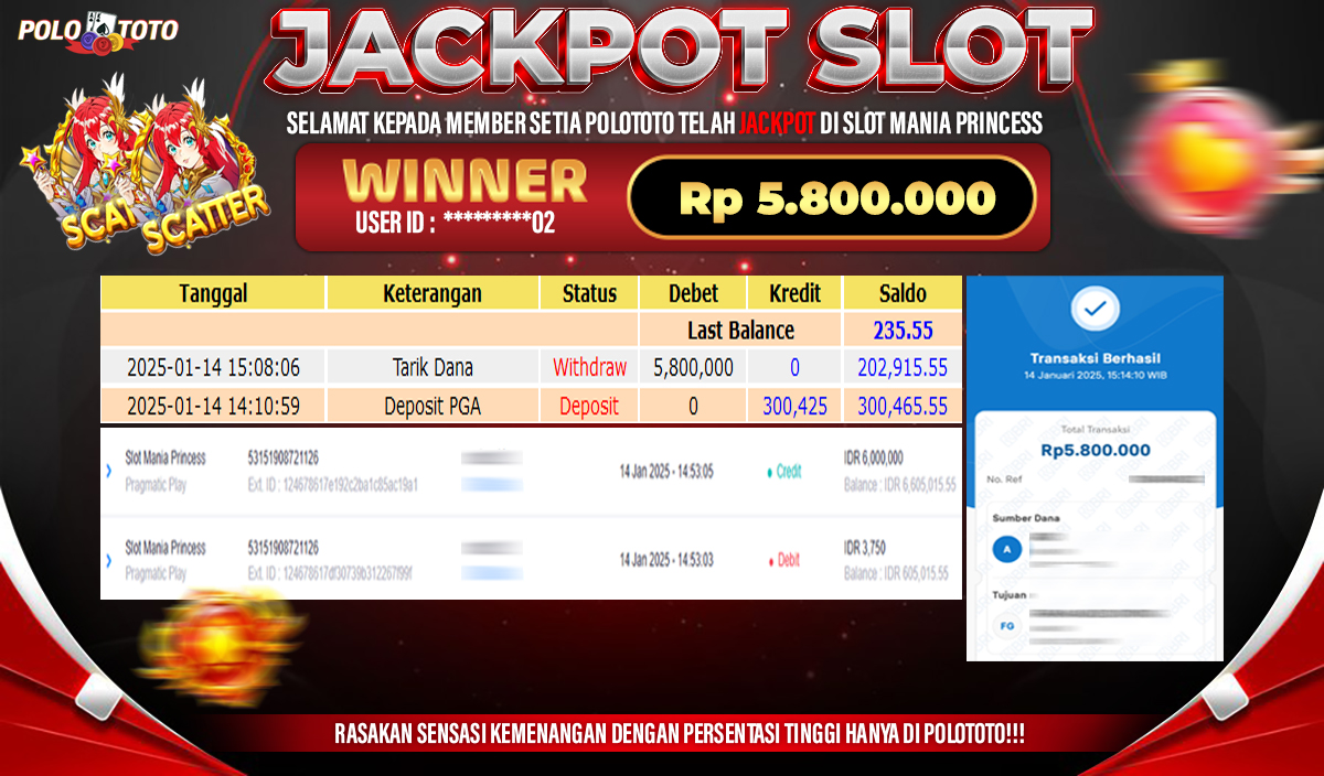POLOTOTO JACKPOT SLOT MANIA PINCESS Rp.5,800.000,-