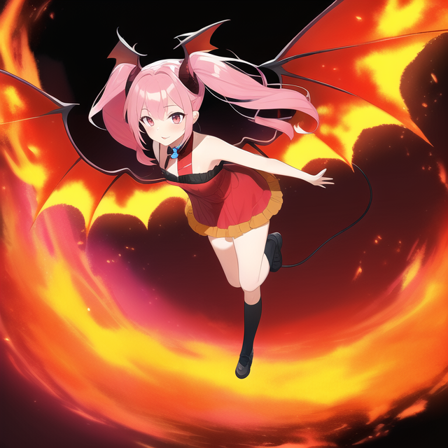 Best quality, masterpiece, twintail, pink hair, demon girl, flame, red dress, wi s-3563581708