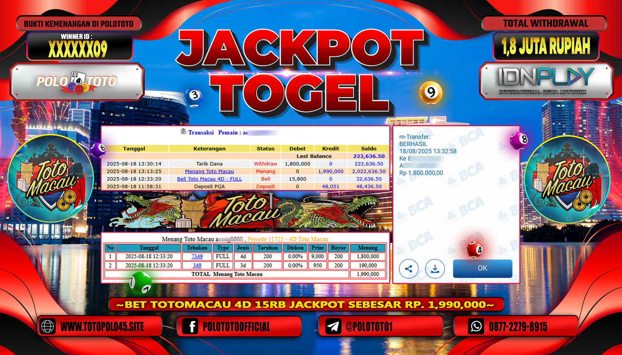 POLOTOTO JACKPOT TOTO MACAU Rp.1.800.000,- LUNAS