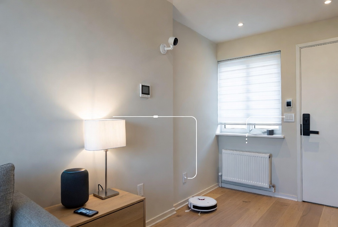 Smart home devices controlled by voice assistants including lights thermostats and security systems