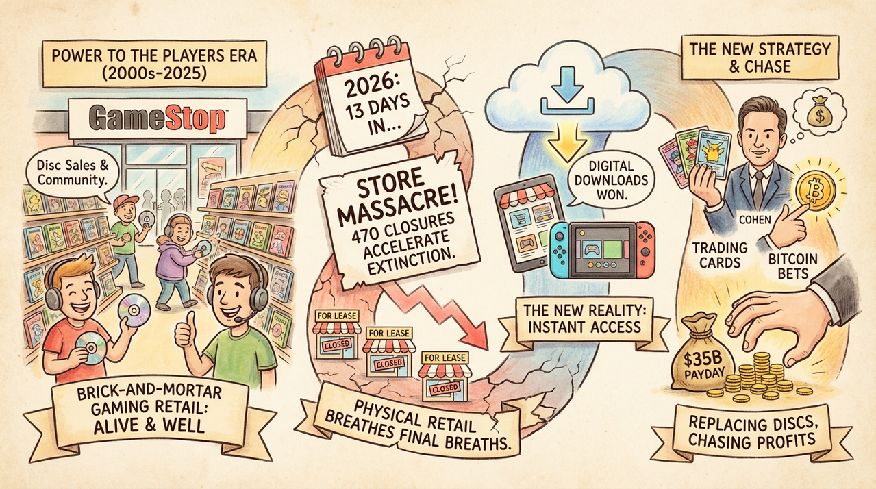 GameStop Closing 470+ Stores Across 42 States - Retail Apocalypse Accelerates 1 Empty GameStop storefront with 'Closed' sign and fading Power to the Players logo