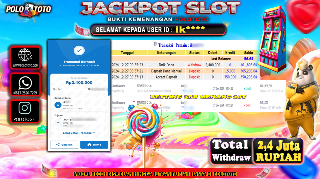 POLOTOTO JACKPOT SLOT SWEET BONANZA Rp.2,400.000,-