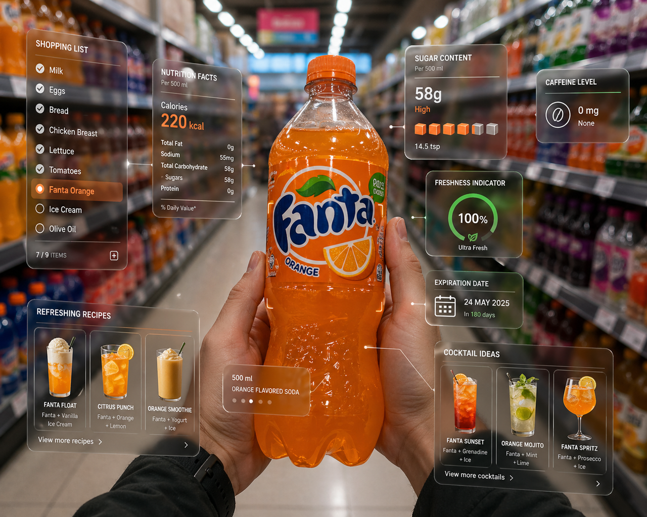 Futuristic AR Shopping Interface Prompt (Mixed Reality Supermarket POV)