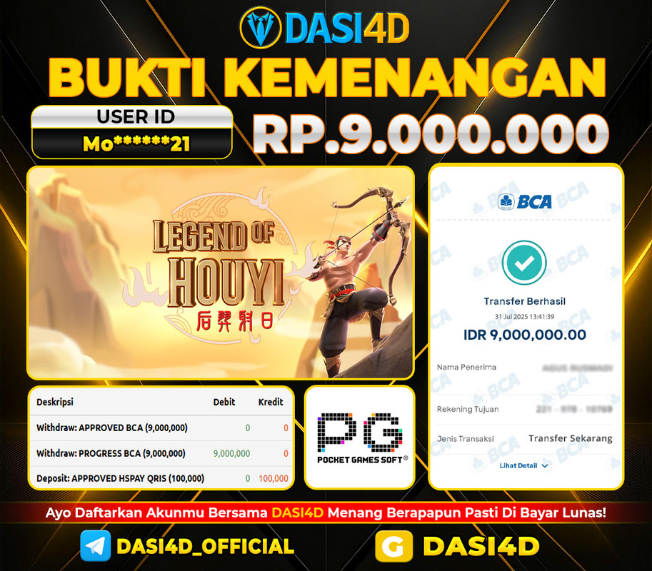 BUKTI KEMENANGAN 31 JULI DI LEGEND OF HOUYI RP 9.000.000