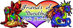 An image of a rainbow Veilspun hatchling resembling a doll and a rainbow Fae hatchling resembling a butterfly on top of a heart-shaped rainbow brick background. It says Friends of Dorothy Pride Hatchery above them.