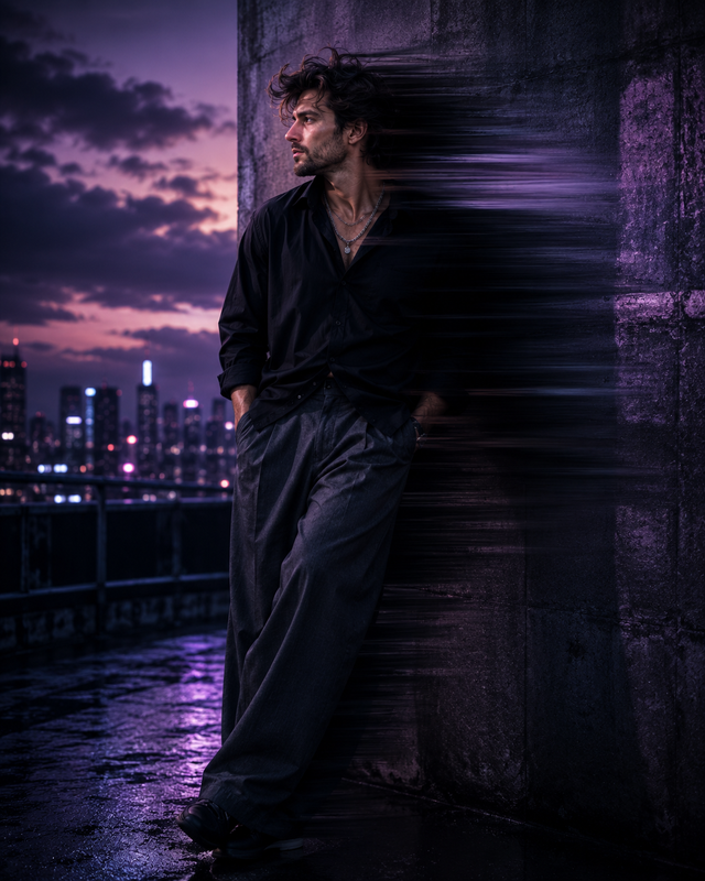 Example result for: Concrete & Chains: Urban Dusk Portrait with Motion Streaks Prompt