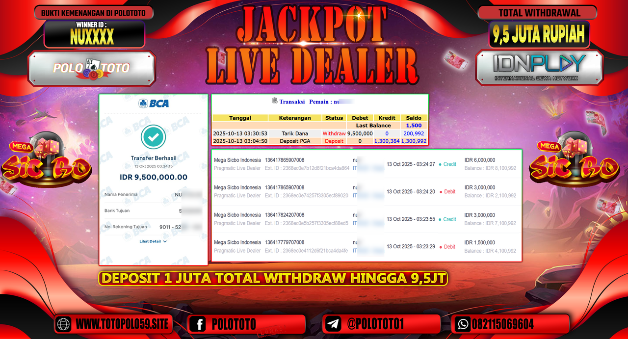 POLOTOTO JACKPOT SLOT LIVE DEALER MEGA SICBO INDONESIA Rp.9.500.000,- LUNAS