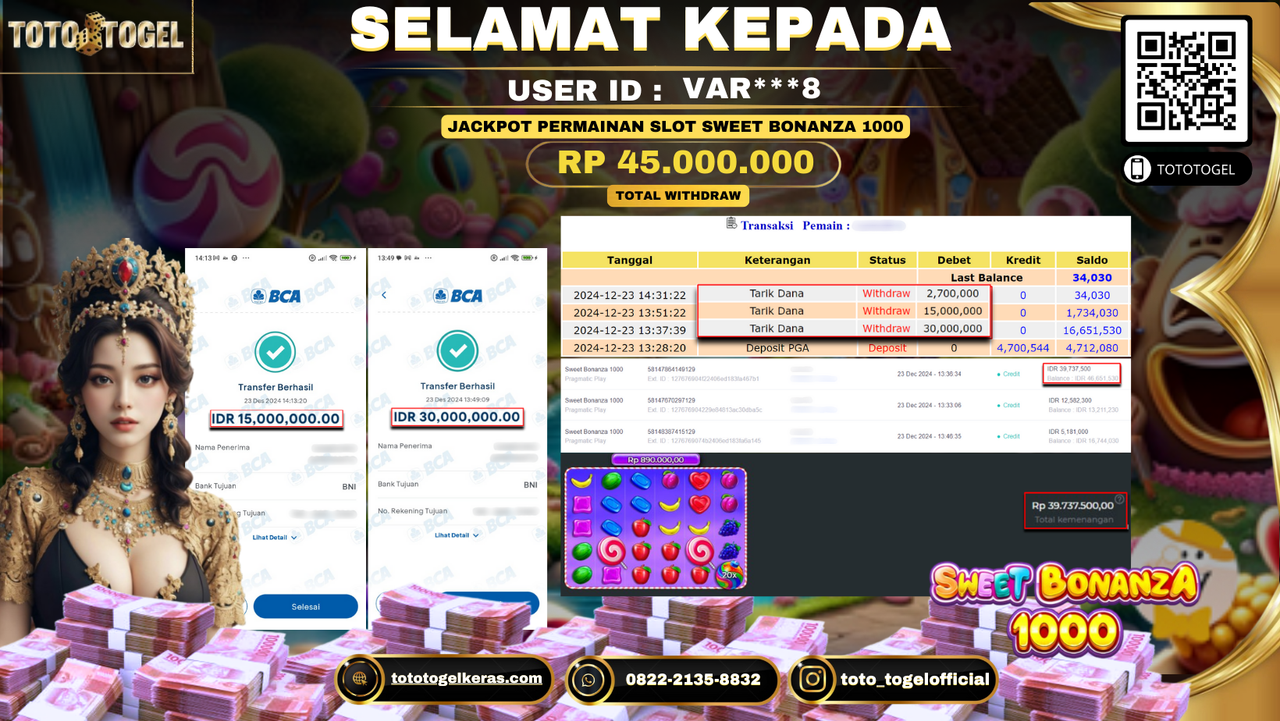 Bukti Pembayaran Jackpot  Permainan Slot Sweet Bonanza 1000 : VAR***8 LUNAS