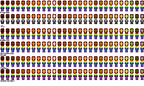a row of people with pride flag shirts and maroon hair