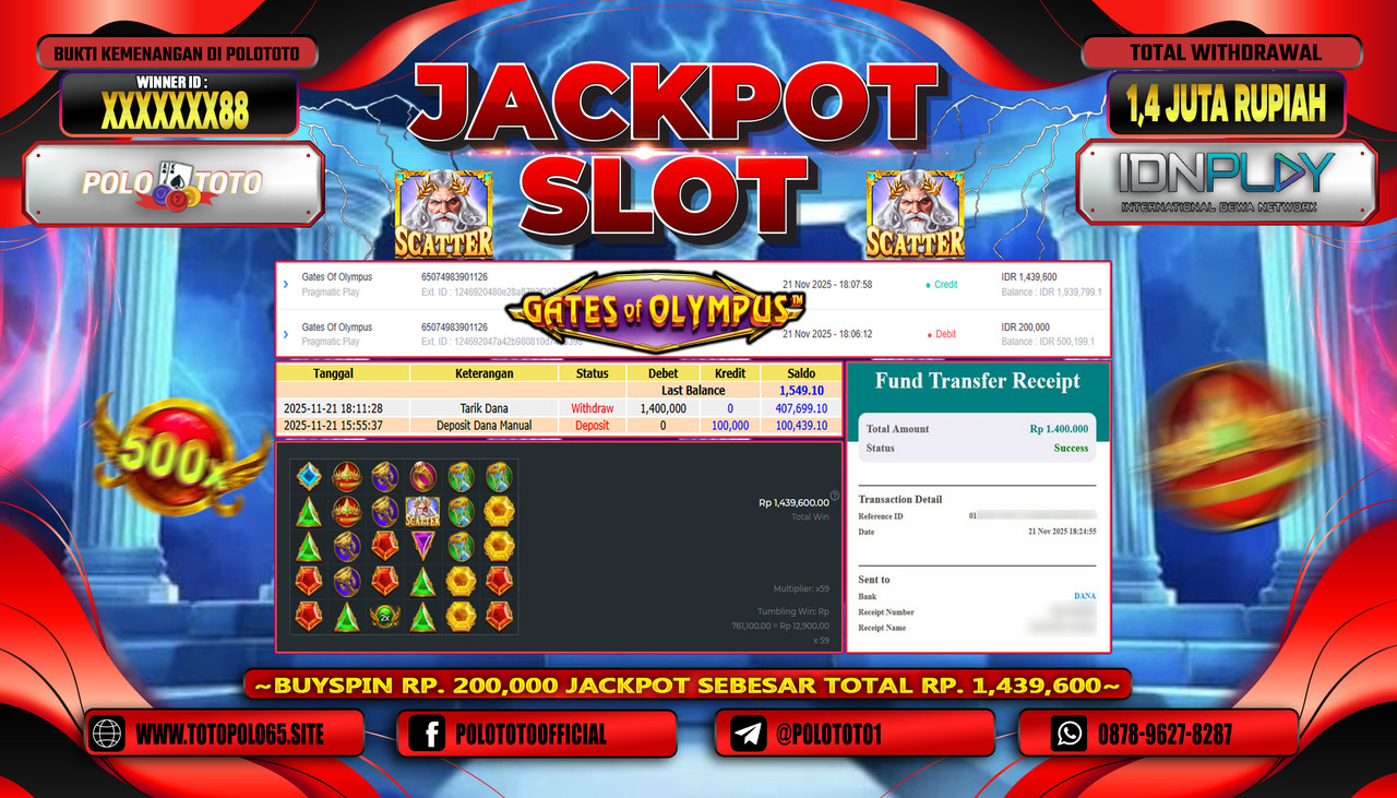 POLOTOTO JACKPOT SLOT GATES OF OLYMPUS Rp.1.400.000,- LUNAS