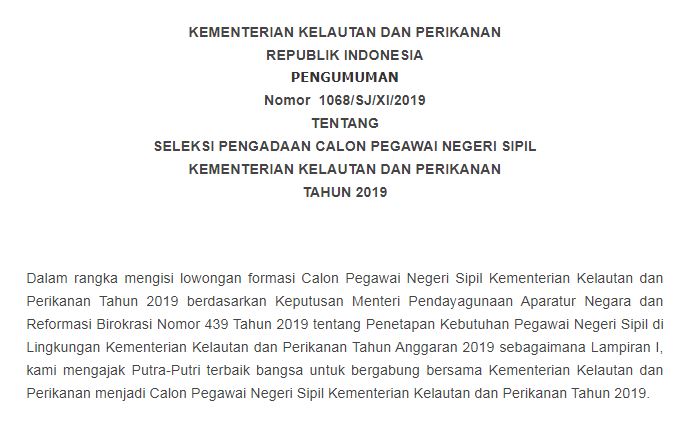 Pengumuman CPNS 2019 Kementrian Kelautan dan Perikanan