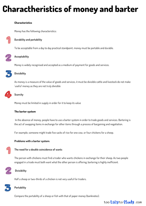 Charactheristics of money and barter