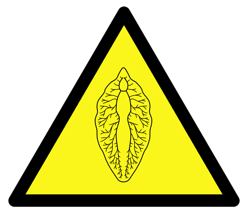 Hazard sign with a stylised liver fluke on it