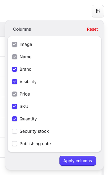 Stature Theme product table column manager in light mode