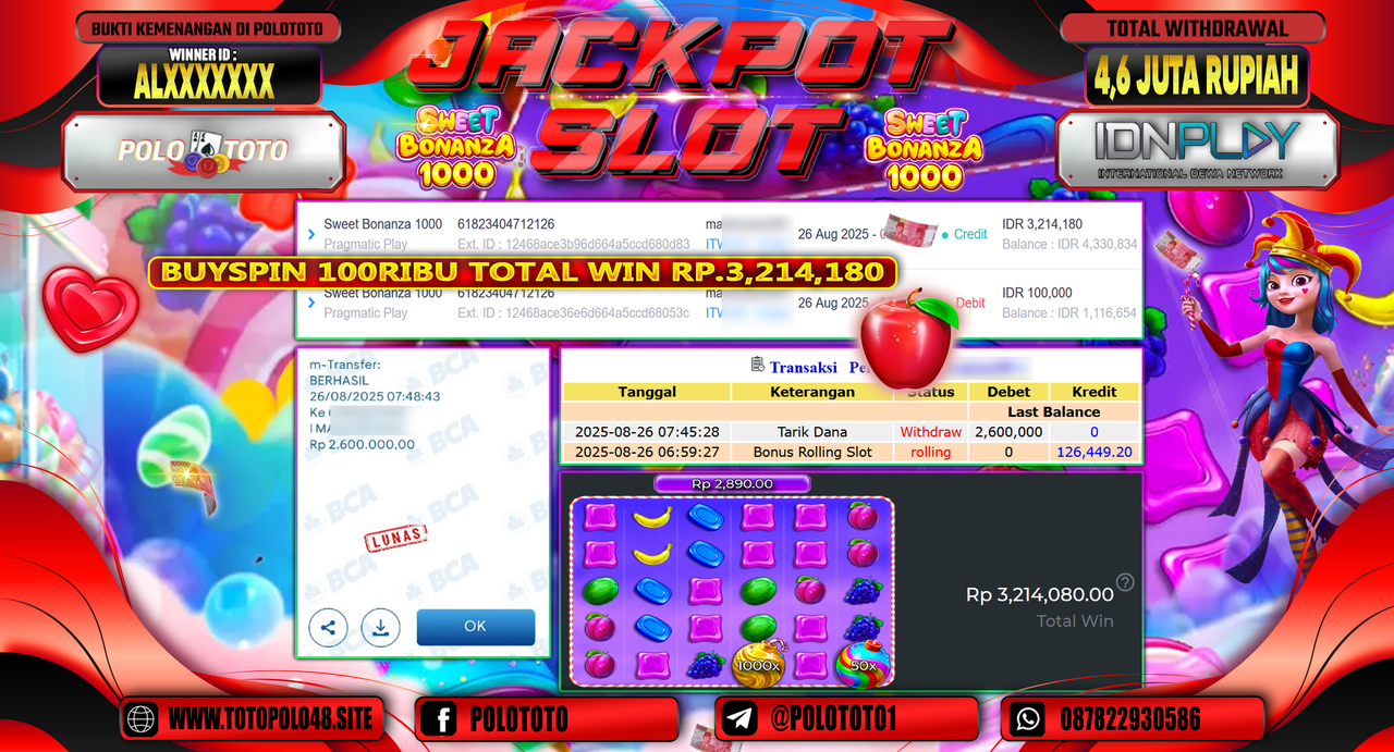 POLOTOTO JACKPOT SLOT SWEET BONANZA 1000 Rp.2.600.000,-