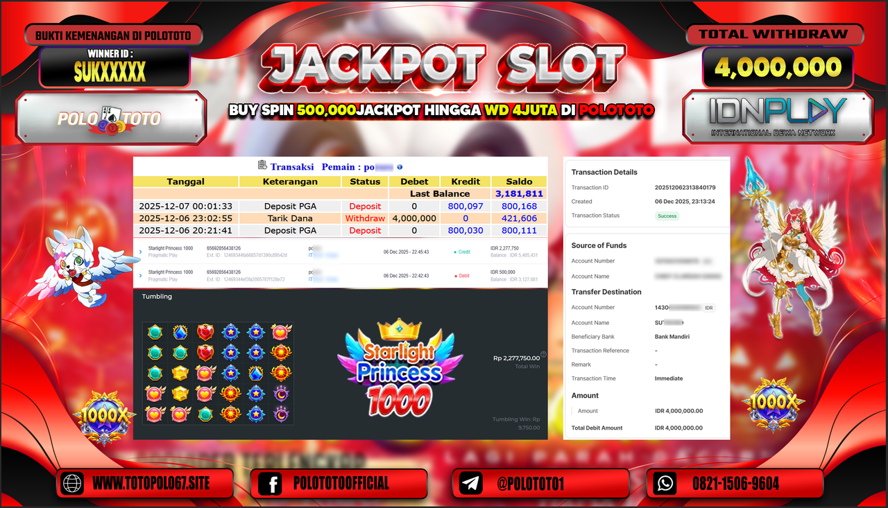 POLOTOTO JACKPOT SLOT STARLIGHT PRINCESS 1000 Rp.4.000.000,- LUNAS