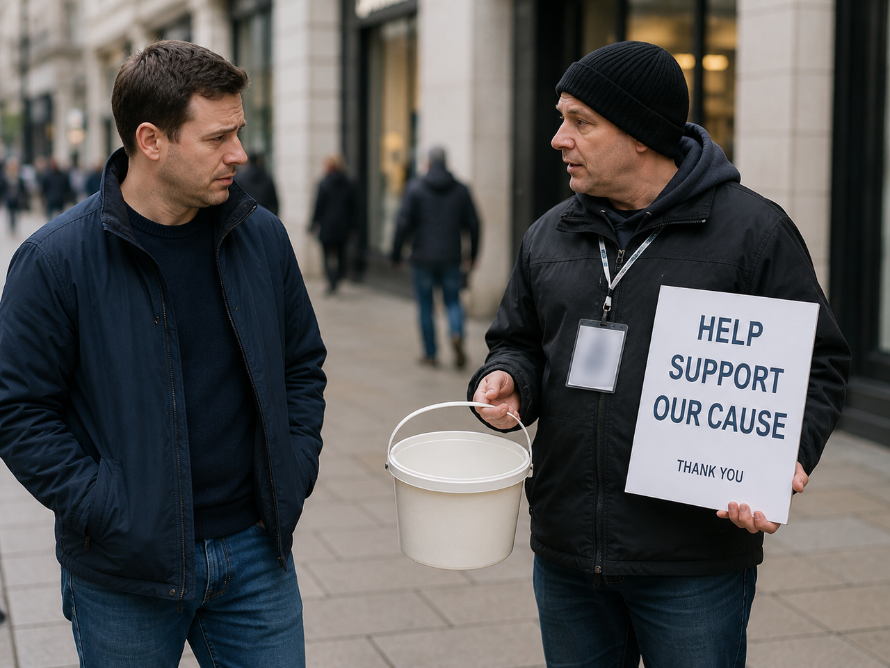 Suspicious in-person charity collector asking for cash with unclear identification