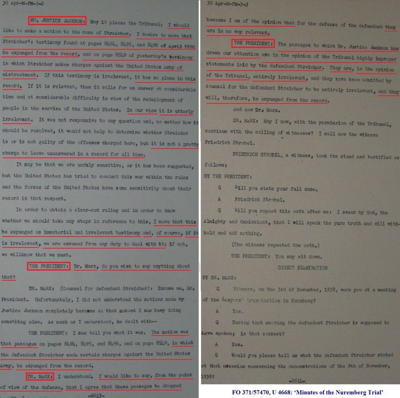 Holocaust - Minutes of the Nuremberg Trial - April 1946 - Justice Jackson - motion - the case of Str