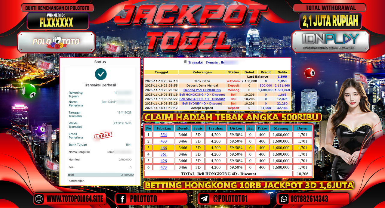 POLOTOTO JACKPOT TOGEL MENANG HONGKONG LOTTO Rp.2.100.000,- LUNAS