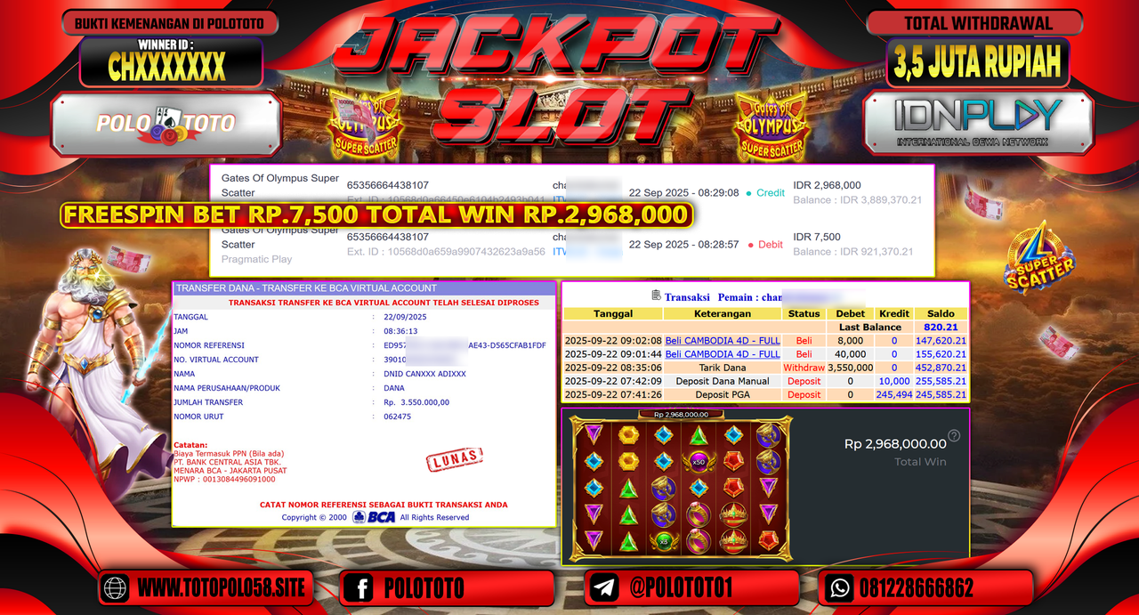POLOTOTO JACKPOT SLOT GATES OF OLYMPUS SUPER SCATTER Rp.3.550.000,-