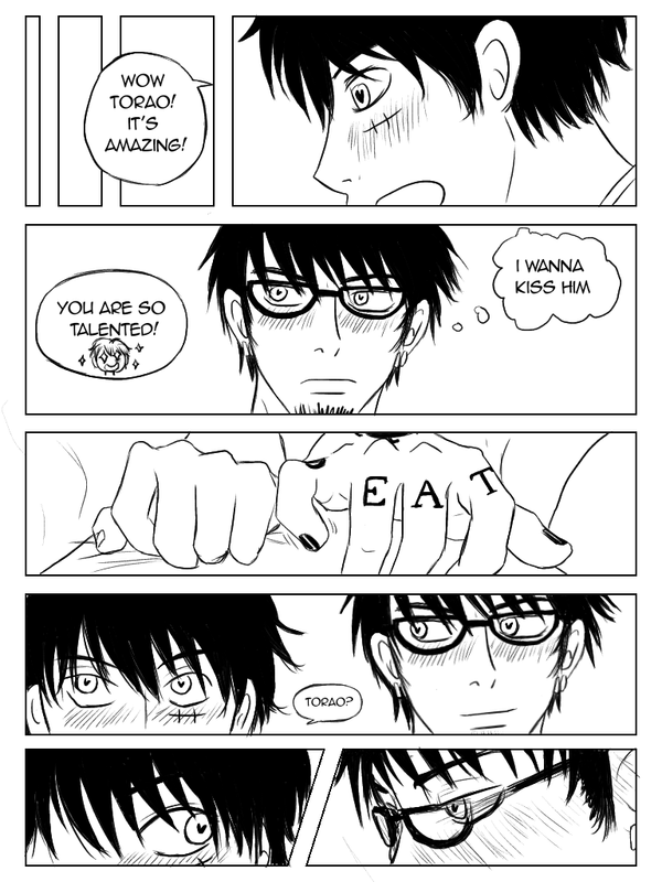 Page 14. Later, Luffy reads at Law’s place and compliments his writing. Law, meanwhile, can’t stop thinking about kissing him and slowly reaches out.