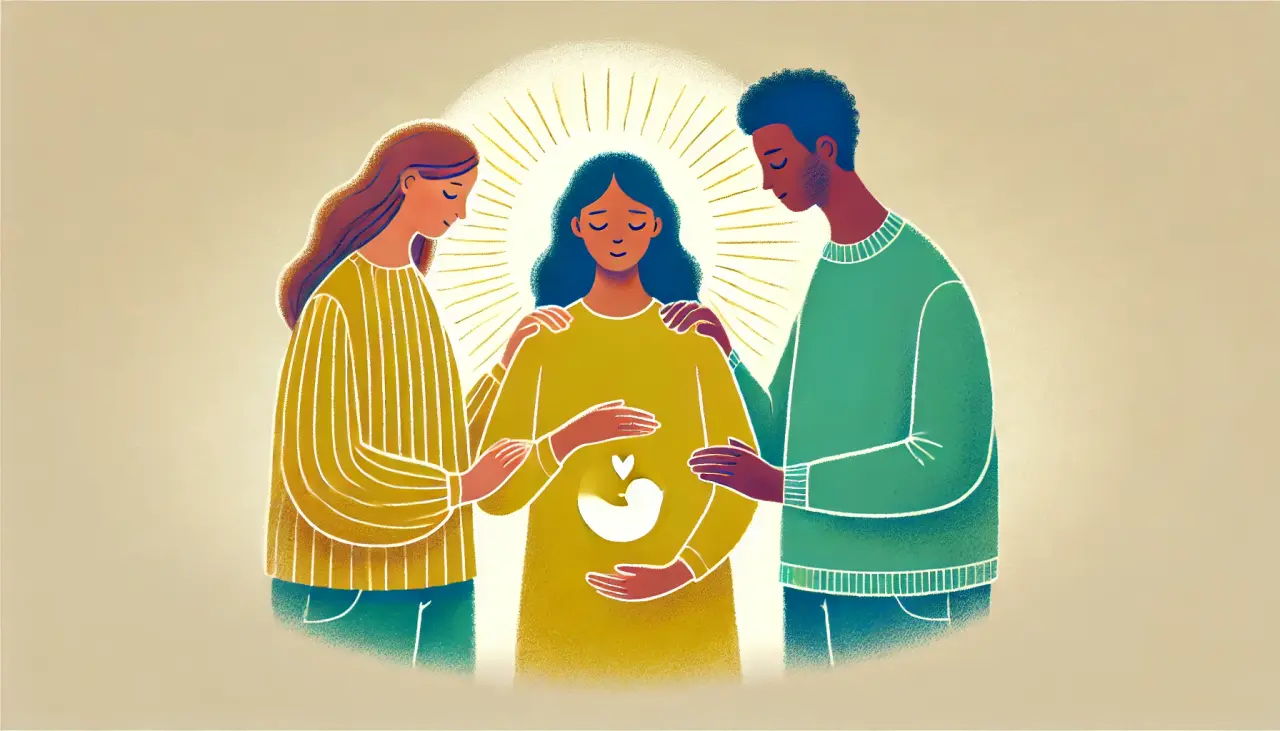 Illustration of a surrogate mother holding her belly as intended parents support her, symbolizing shared hope in the journey of gestational surrogacy.