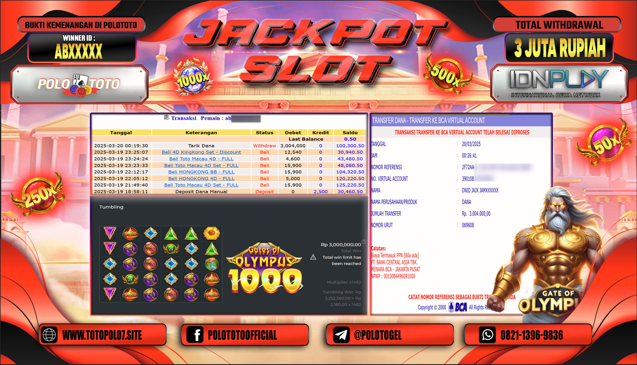 POLOTOTO JACKPOT SLOT GATES OF OLYMPUS 1000 Rp.3.004.000,-