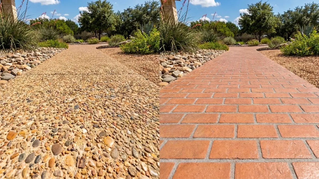 Side-by-side comparison of exposed aggregate concrete patio (left, natural pebble texture) and stamped concrete patio (right, brick pattern with color) — two decorative finish options for San Antonio outdoor slabs