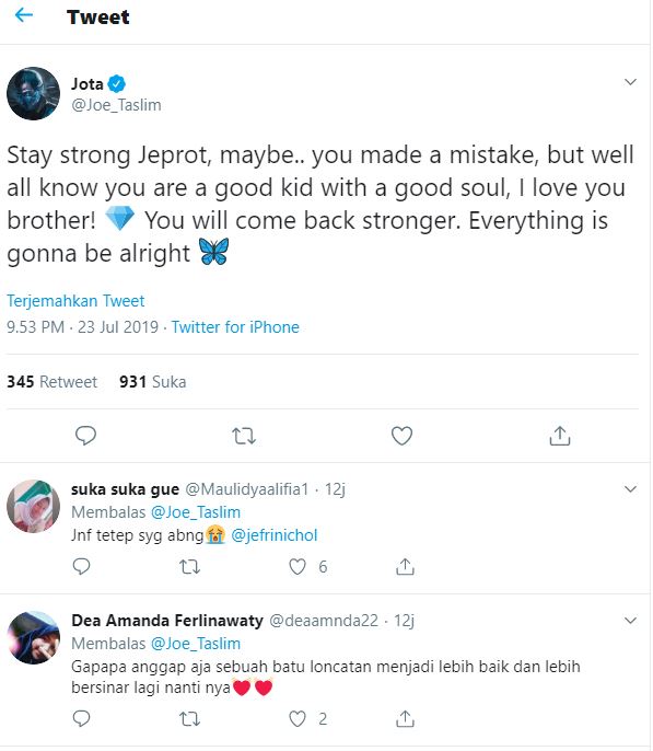 Cuitan Joe Taslim di twitter