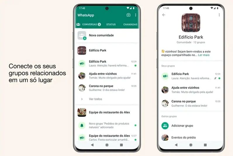 Dois smartphones lado a lado mostrando em suas telas exemplos de comunidades criadas no WhatsApp