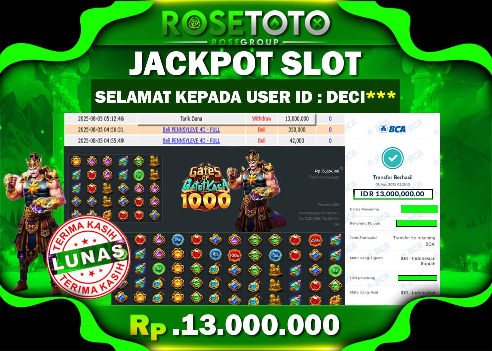 ROSETOTO JACKPOT SLOT GATES OF GATOT KACA 1000 Rp.13.000.000.,- LUNAS