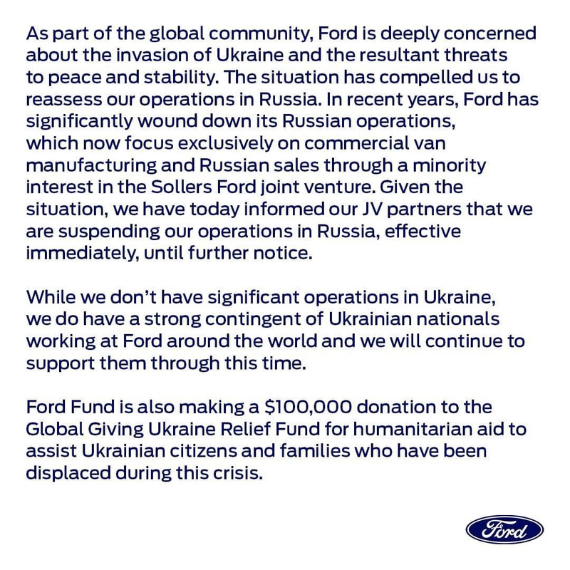 Ford les dice a sus socios que suspenderá sus operaciones en Rusia