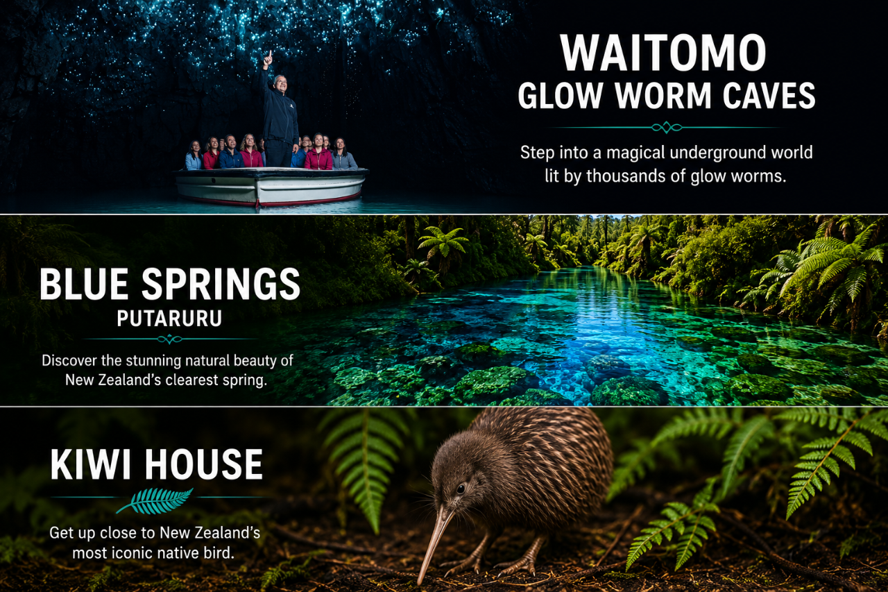 Auckland to Waitomo Glowworms, Kiwi House & Blue Springs Day Tour | Shaara Deals