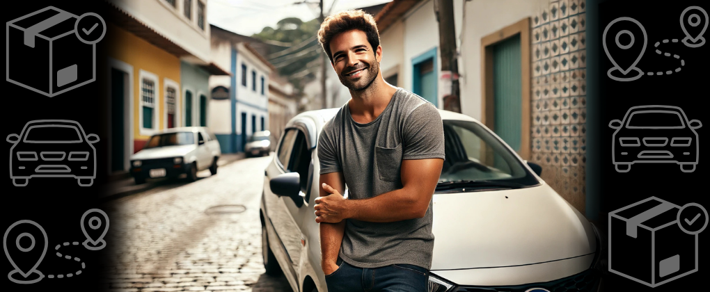 Homem confiante ao lado do carro, feliz por trabalhar por conta própria