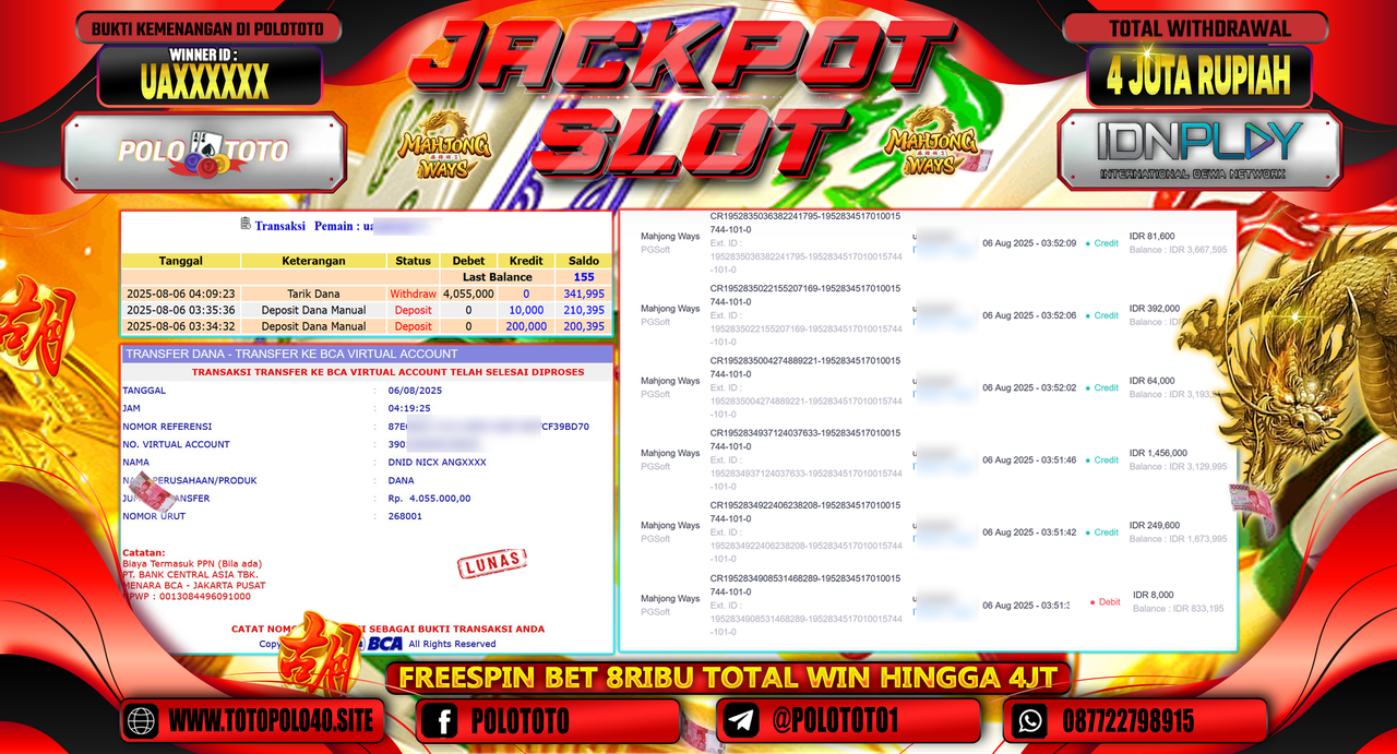 POLOTOTO JACKPOT SLOT MAHJONG WAYS Rp.4.000.000,-LUNAS