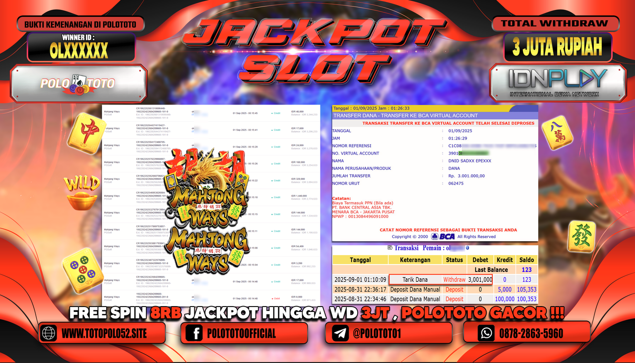 POLOTOTO JACKPOT SLOT MAHJONG WAYS Rp.3.001.000,-
