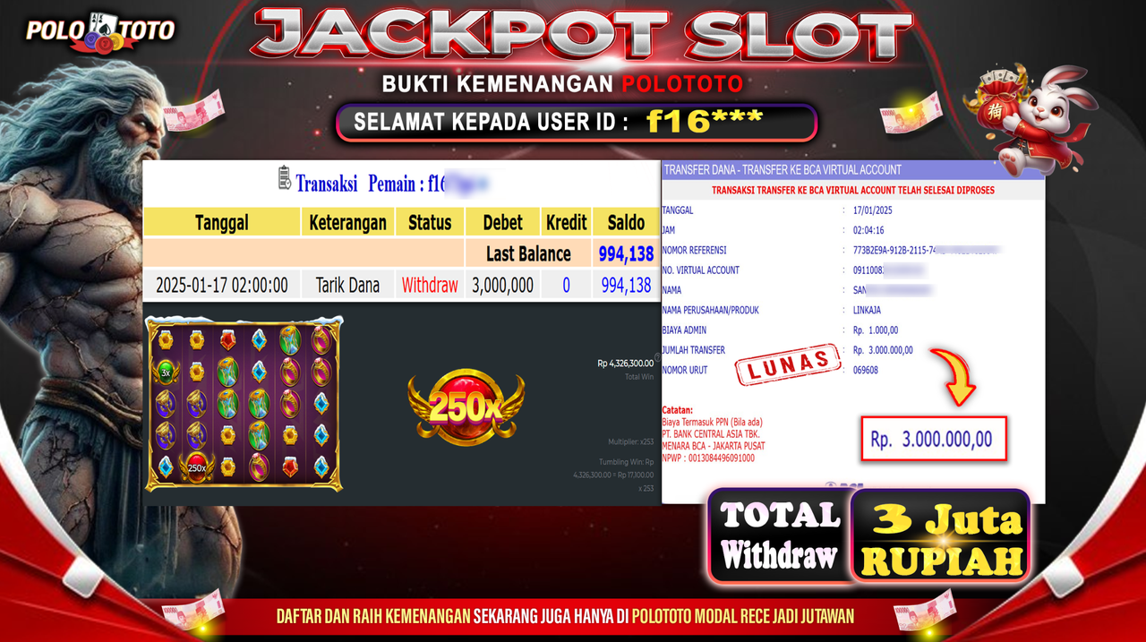 POLOTOTO JACKPOT SLOT GATES OF OLYMPUS 1000 Rp.3,000.000,-